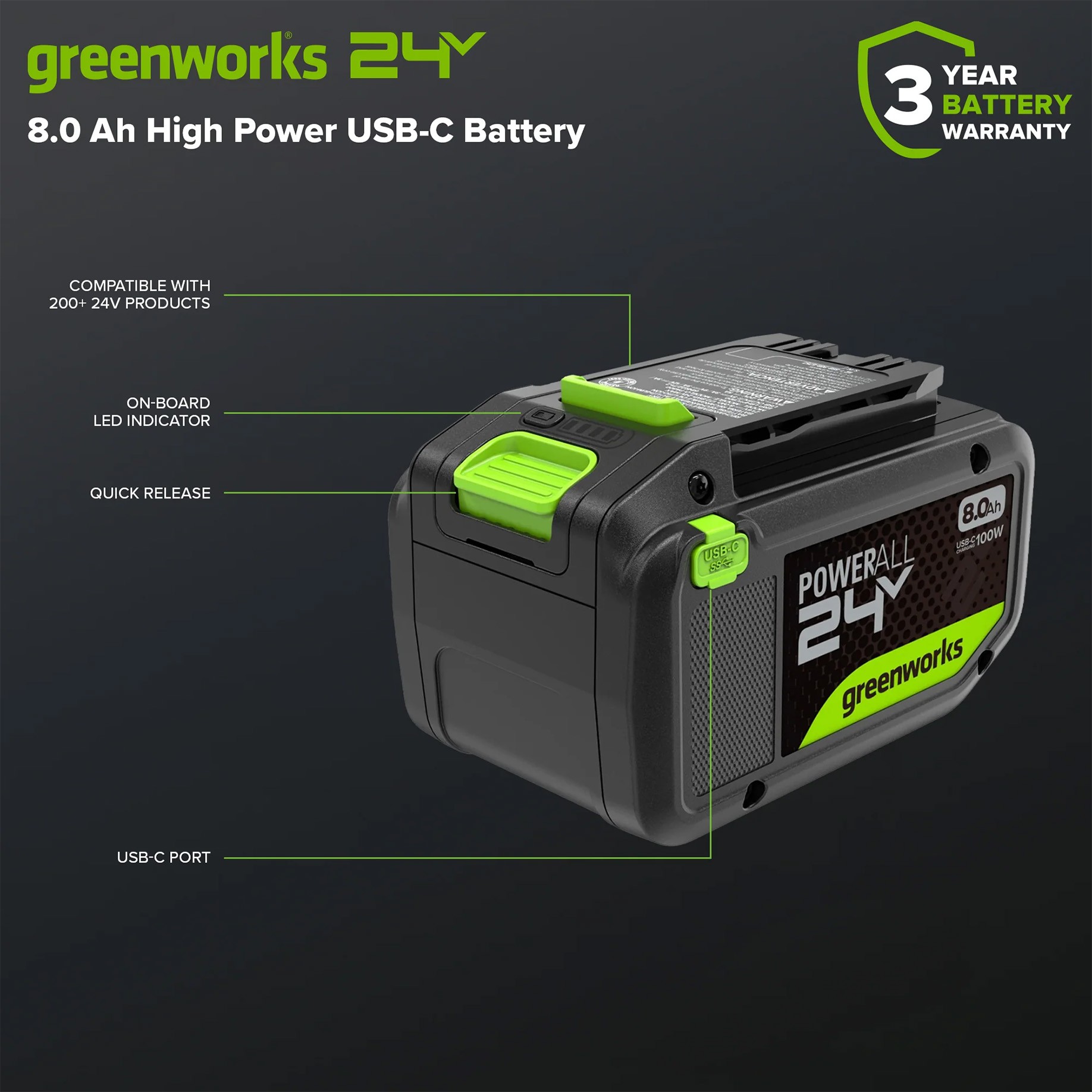 Greenworks 24V 8.0Ah High Power Battery — image 5